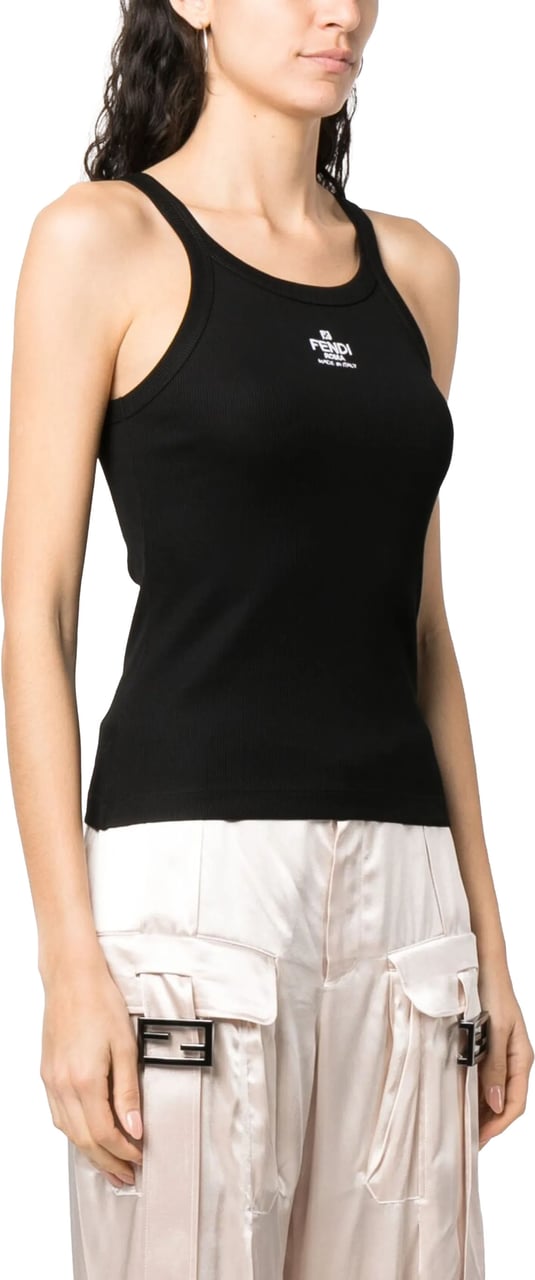 Fendi Ribbed Cotton Jersey Square Neck Tank Zwart