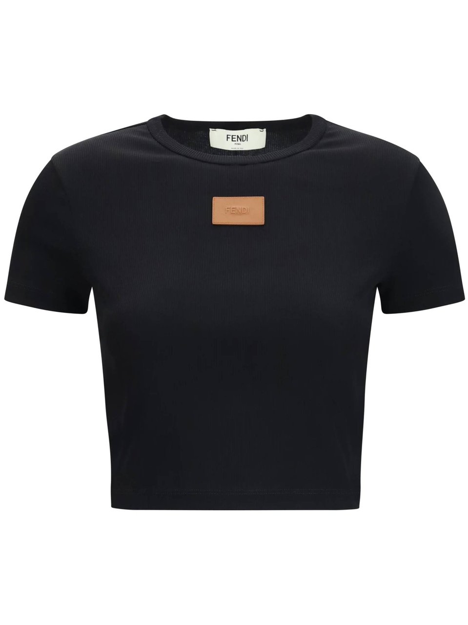 Fendi Short Sleeve Cropped Top Leather Patch Zwart