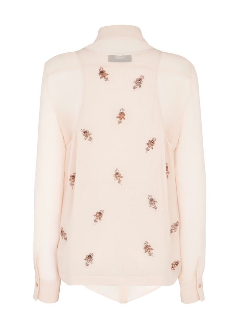 Fendi Embroidered Sheer Georgette Top With Classic Collar Roze