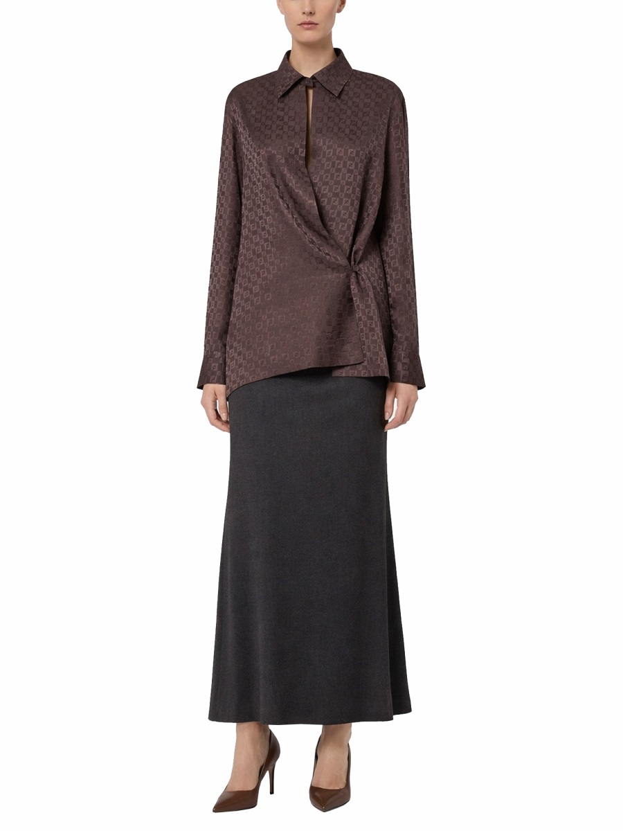 Fendi Silk Jacquard Asymmetric Draped Shirt Grijs