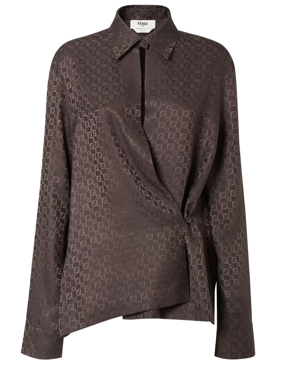 Fendi Silk Jacquard Asymmetric Draped Shirt Grijs