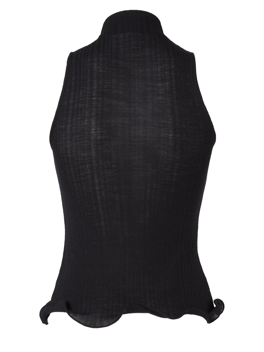 Fendi Virgin Wool Ribbed Fitted Top Zwart