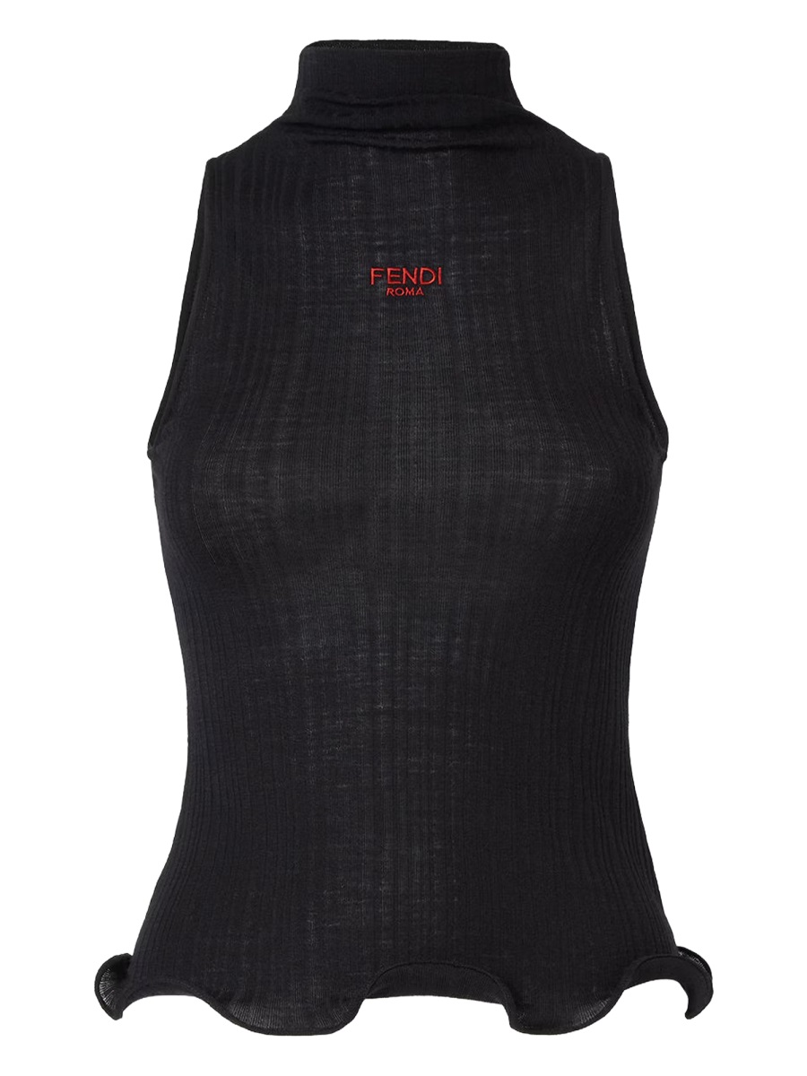 Fendi Virgin Wool Ribbed Fitted Top Zwart