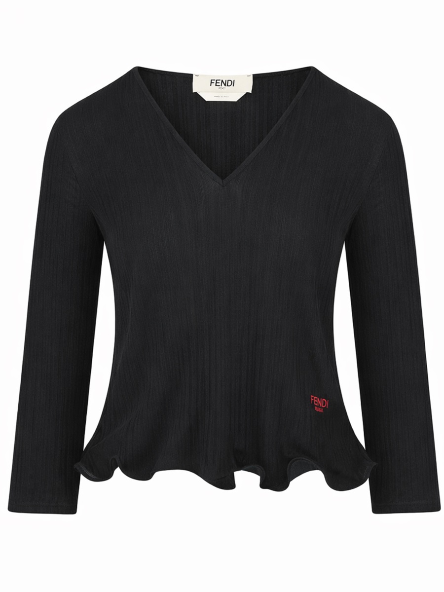 Fendi Virgin Wool Target Ribbed Top Zwart
