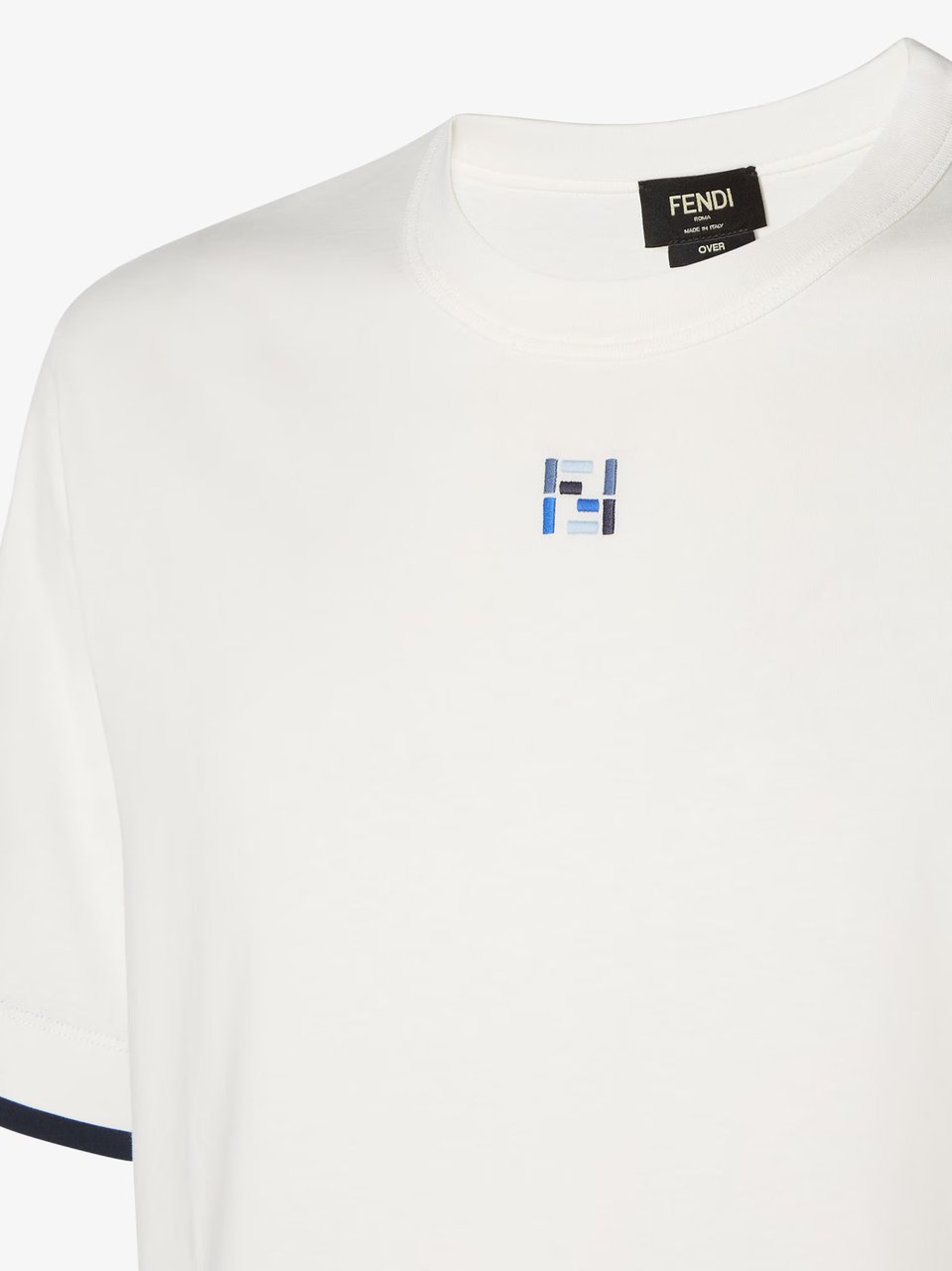 Fendi Boxy-Fit White T-Shirt With Navy Blue Trim And Geometric Logo Wit
