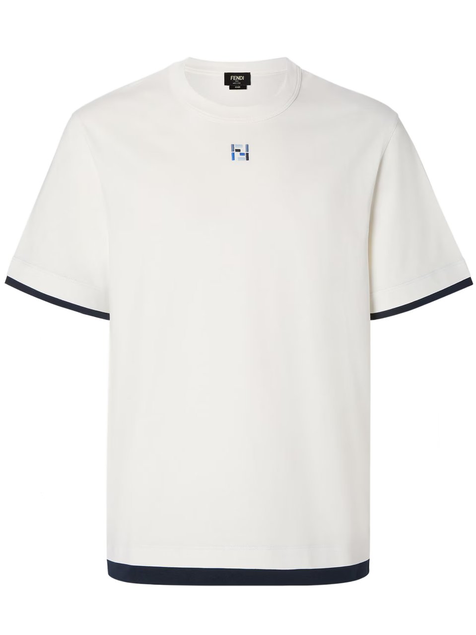 Fendi Boxy-Fit White T-Shirt With Navy Blue Trim And Geometric Logo Wit