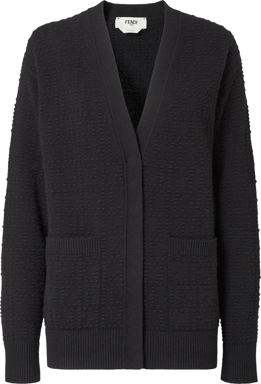 Fendi Textured Knit Cardigan with Deep V-Neckline and Ribbed Trims Zwart