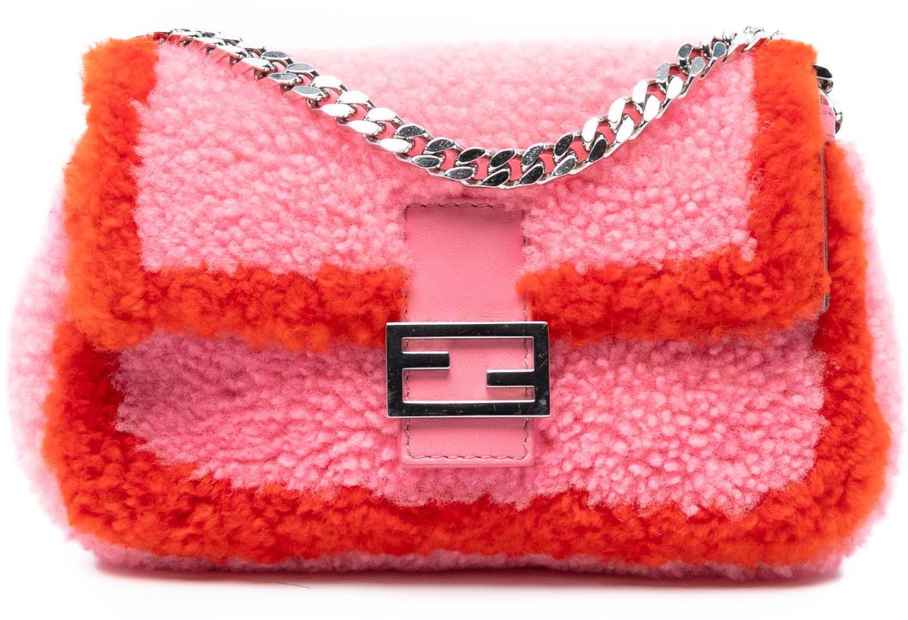 Fendi Micro Bicolor Shearling Baguette Satchel Roze