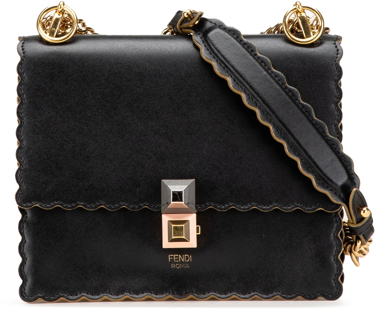 Fendi Small Scalloped Leather Kan I Crossbody Zwart