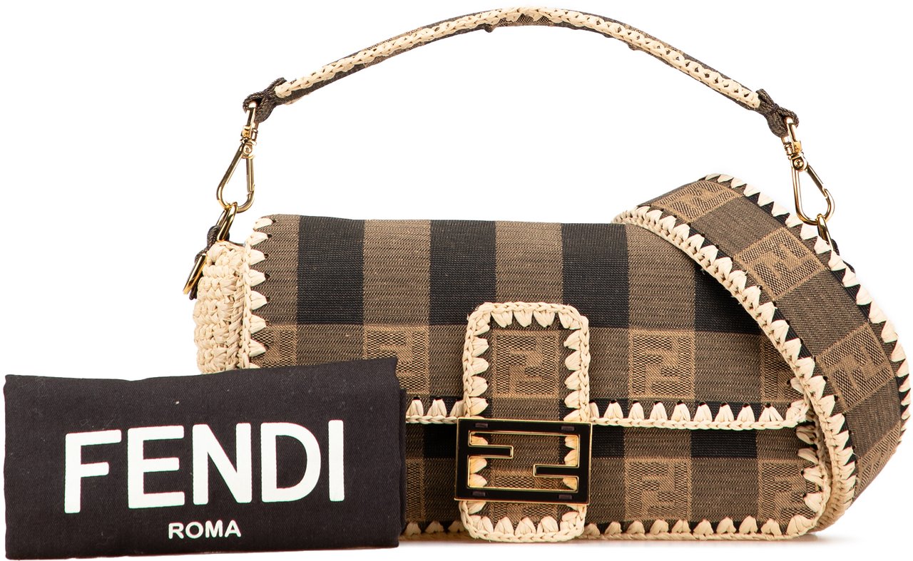Fendi Pequin Gingham Canvas And Raffia Baguette Satchel Bruin