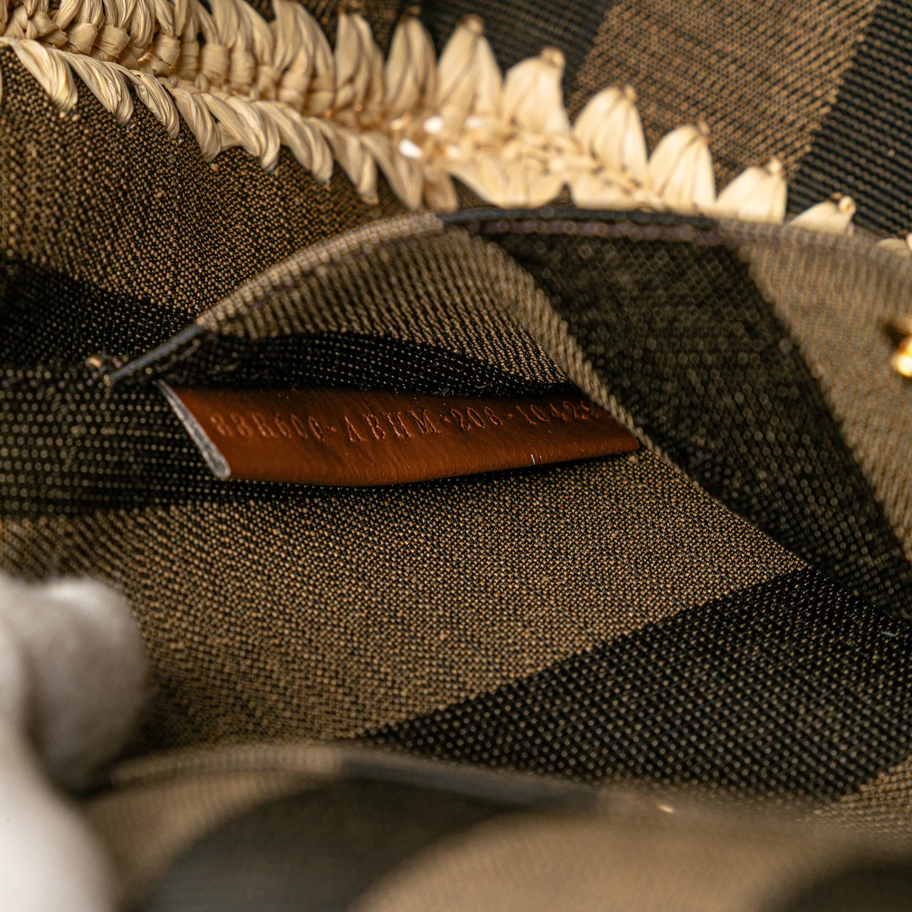 Fendi Pequin Gingham Canvas And Raffia Baguette Satchel Bruin