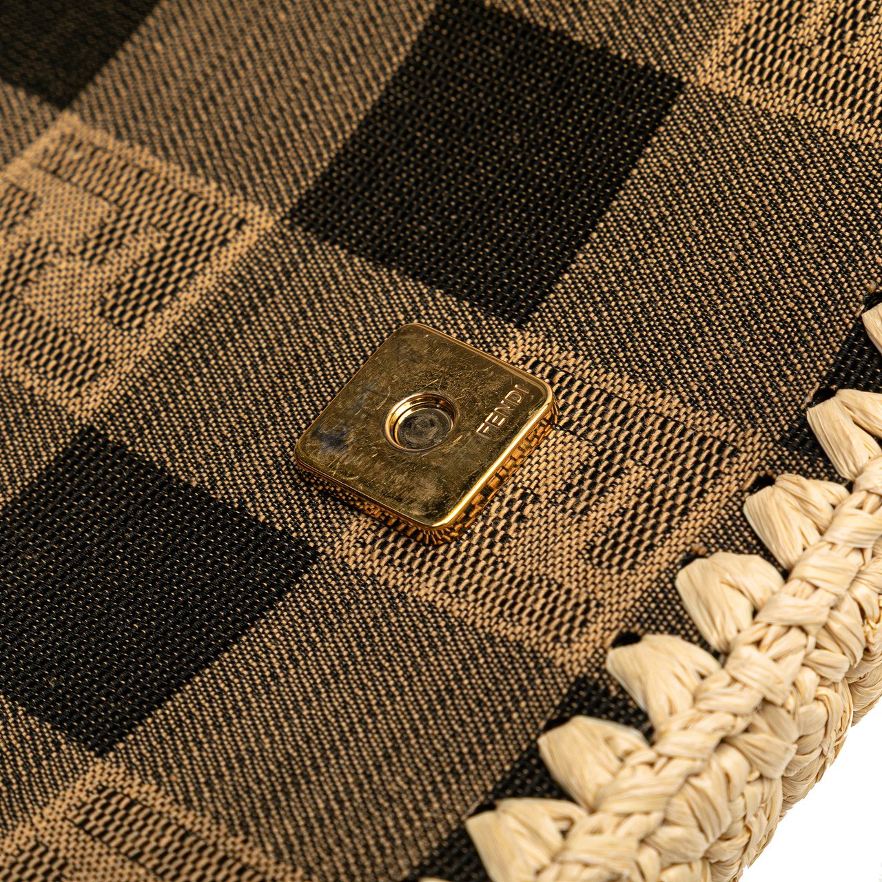 Fendi Pequin Gingham Canvas And Raffia Baguette Satchel Bruin
