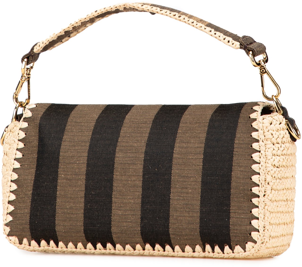 Fendi Pequin Gingham Canvas And Raffia Baguette Satchel Bruin