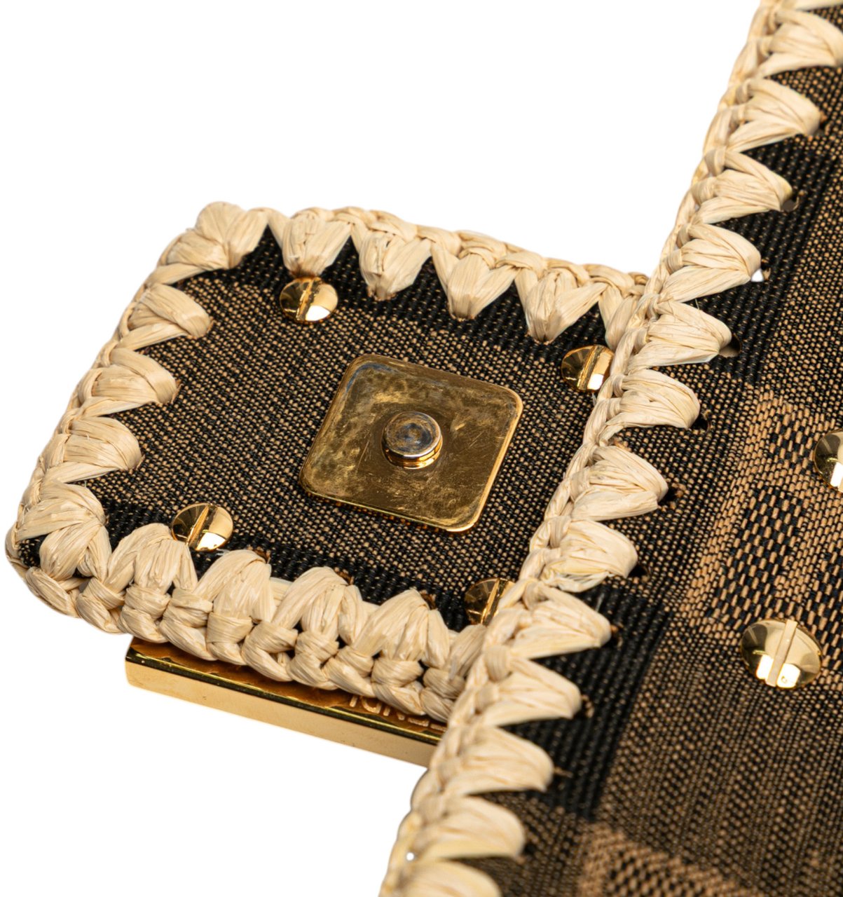 Fendi Pequin Gingham Canvas And Raffia Baguette Satchel Bruin