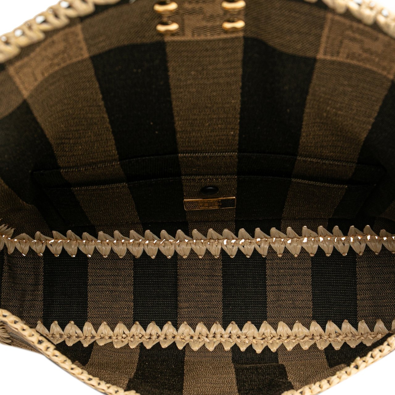 Fendi Pequin Gingham Canvas And Raffia Baguette Satchel Bruin