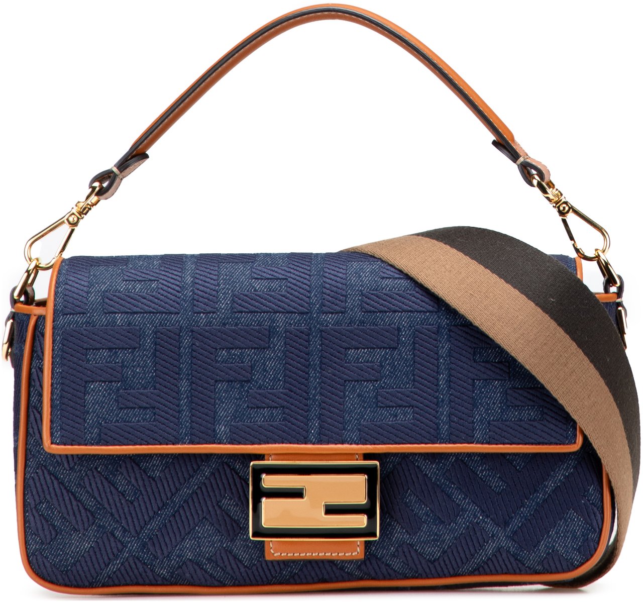 Fendi Zucca Embroidered Denim Baguette Satchel Blauw