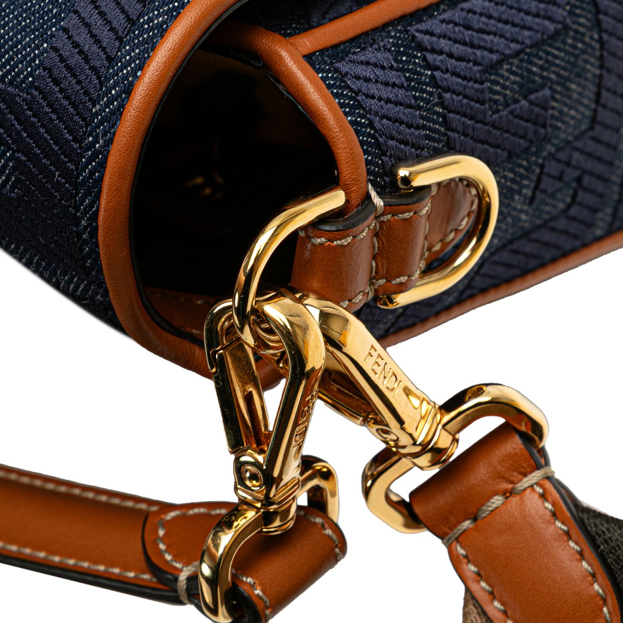 Fendi Zucca Embroidered Denim Baguette Satchel Blauw