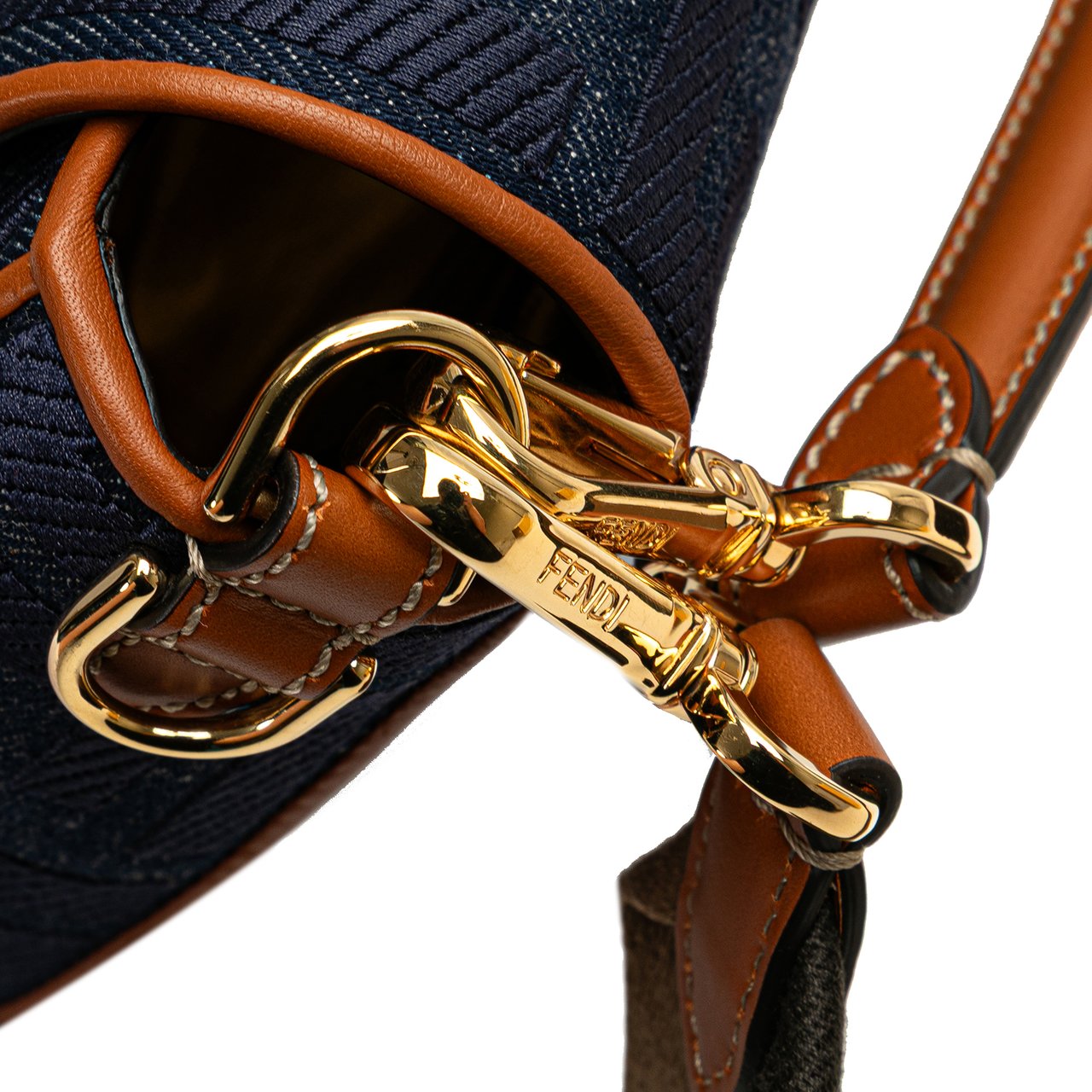 Fendi Zucca Embroidered Denim Baguette Satchel Blauw