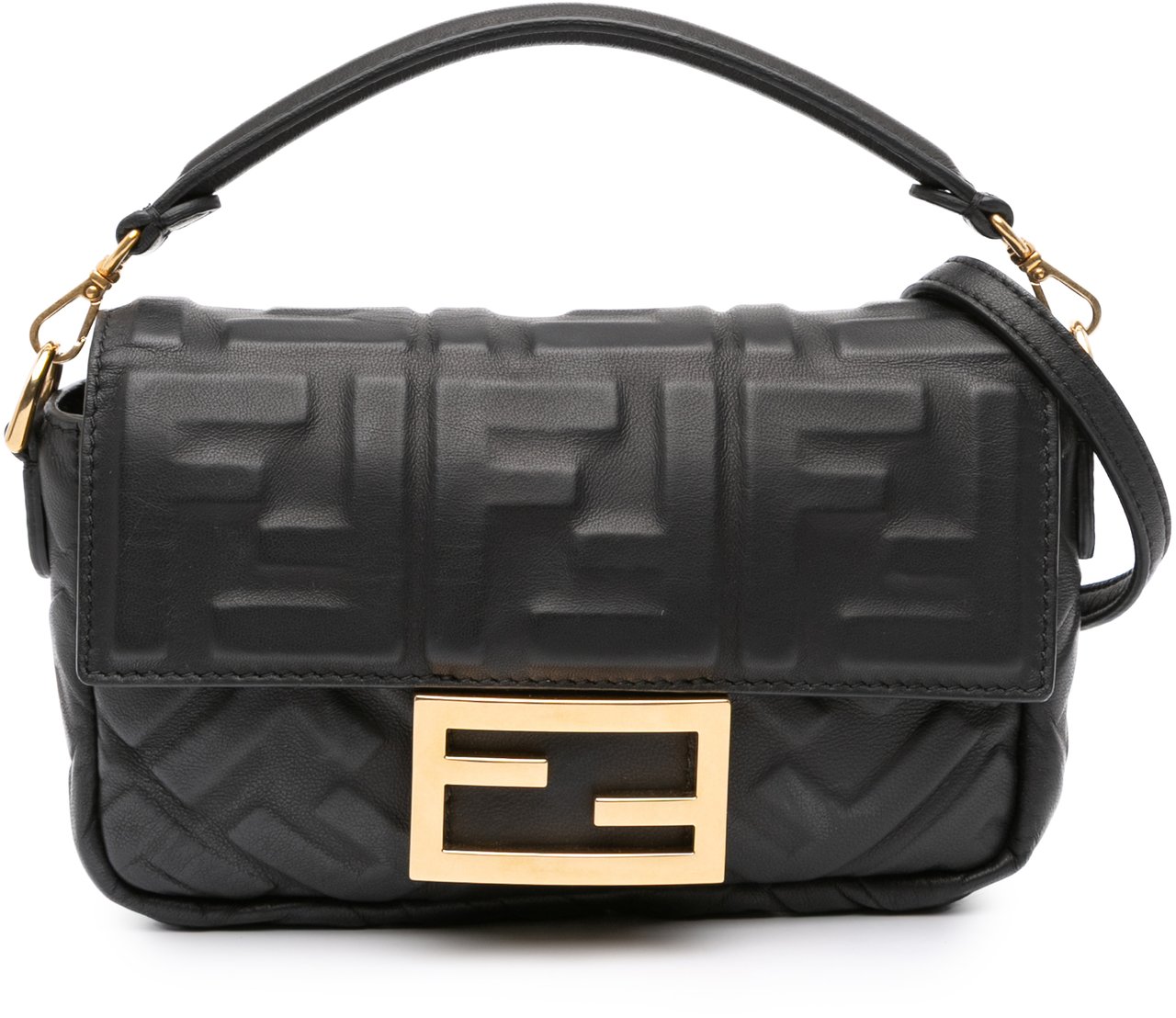Fendi Mini Zucca Embossed Leather Baguette Satchel Zwart