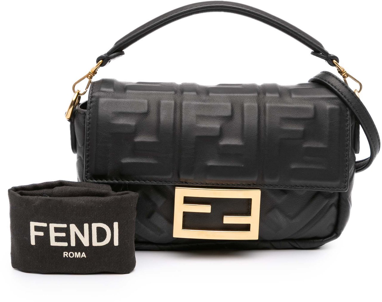 Fendi Mini Zucca Embossed Leather Baguette Satchel Zwart