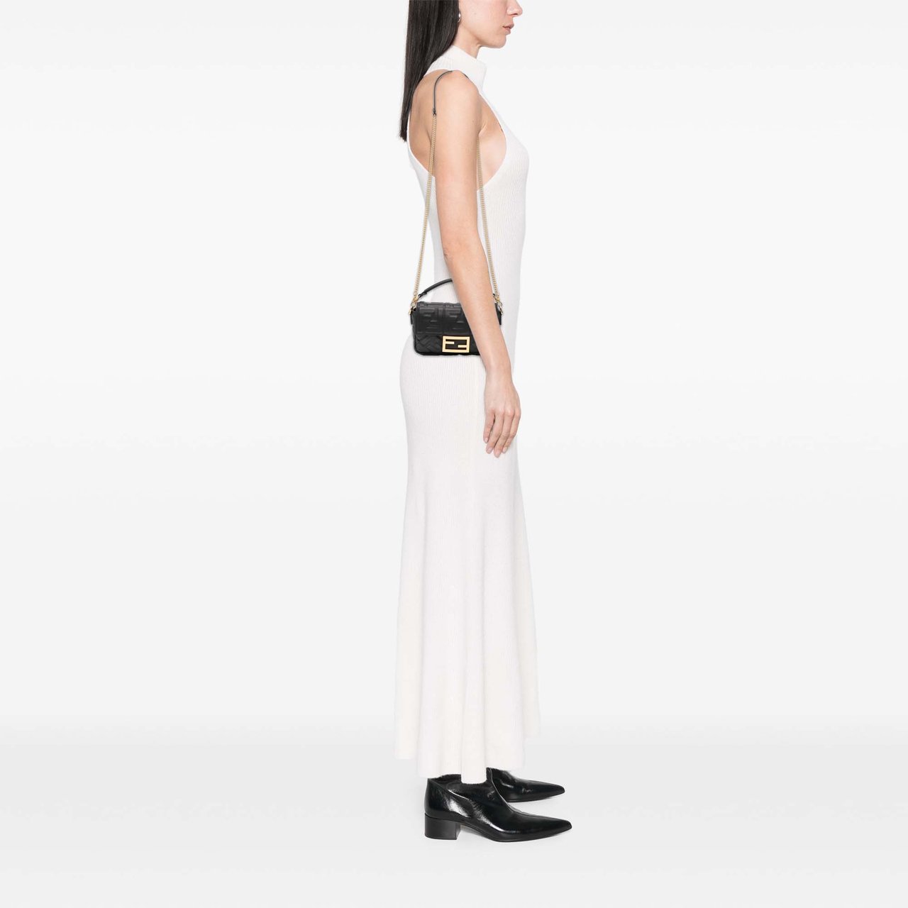 Fendi Mini Zucca Embossed Leather Baguette Satchel Zwart