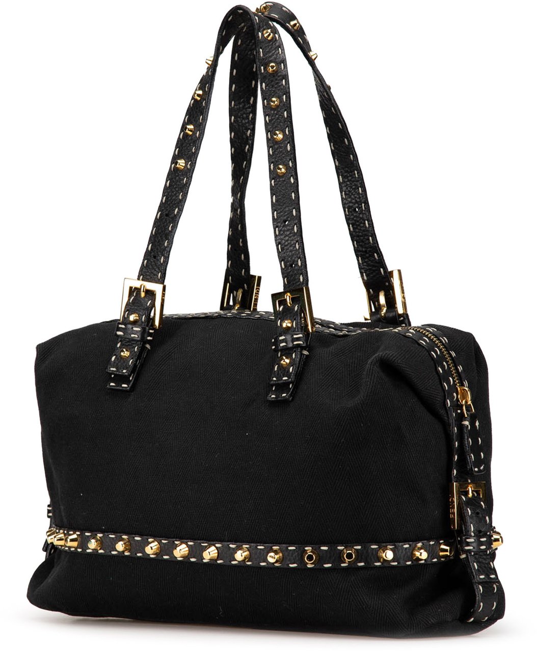 Fendi Selleria Studded Canvas Shoulder Bag Zwart