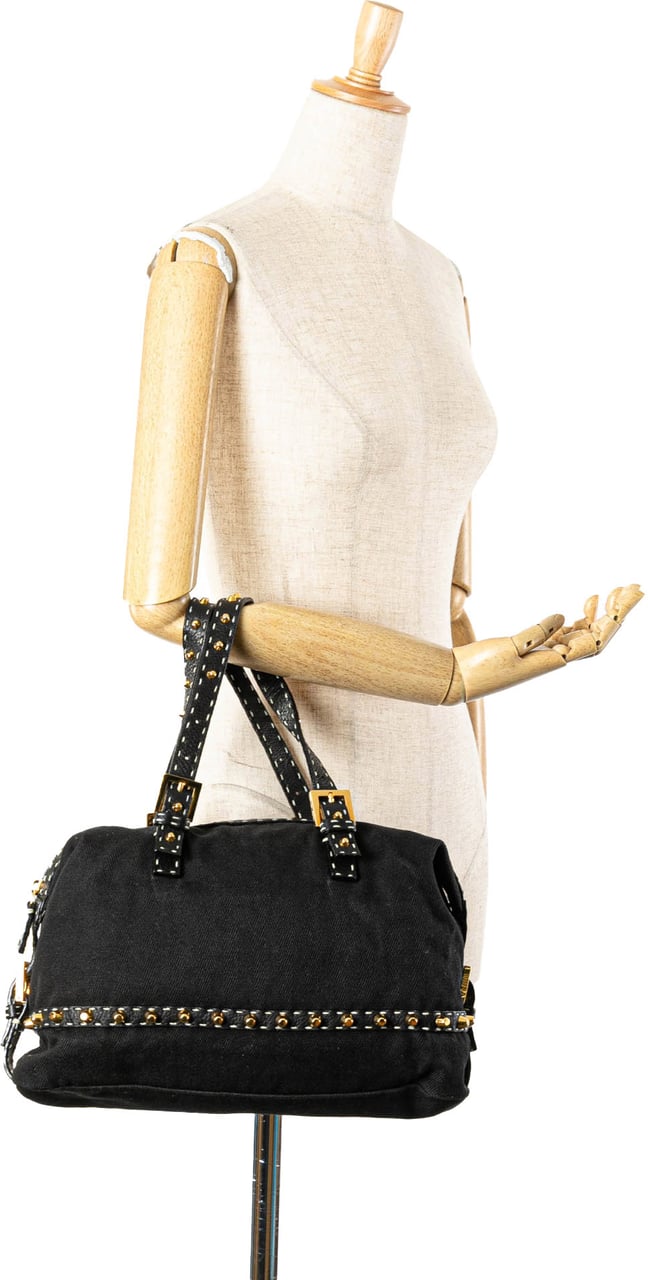 Fendi Selleria Studded Canvas Shoulder Bag Zwart