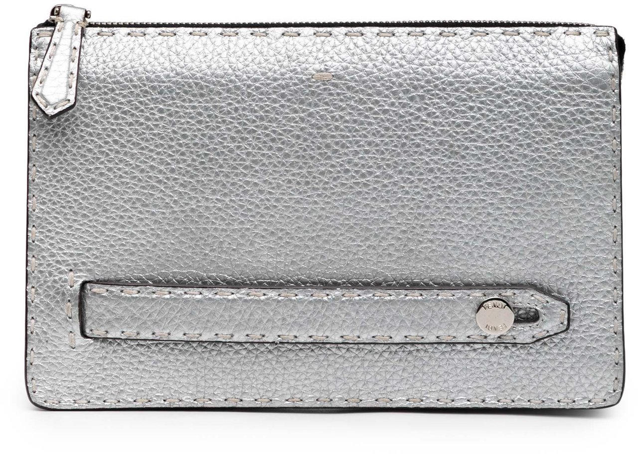Fendi Metallic Leather Selleria Clutch Zilver