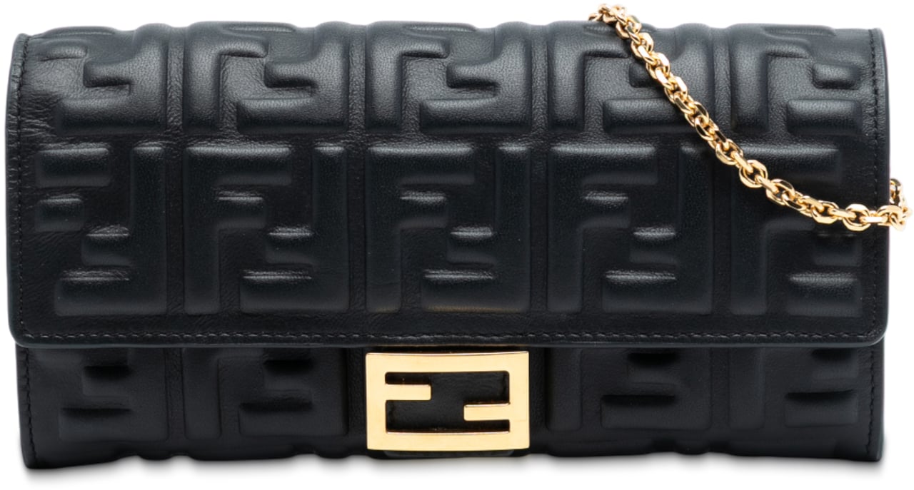 Fendi Zucca Embossed Nappa Baguette Continental Wallet With Chain Zwart