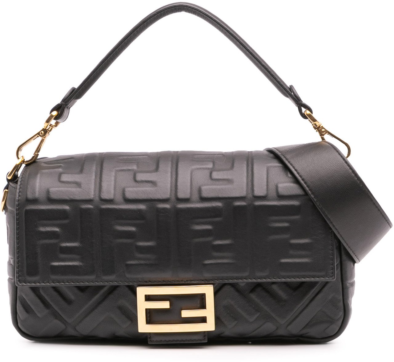 Fendi Zucca Embossed Leather Baguette Satchel Zwart