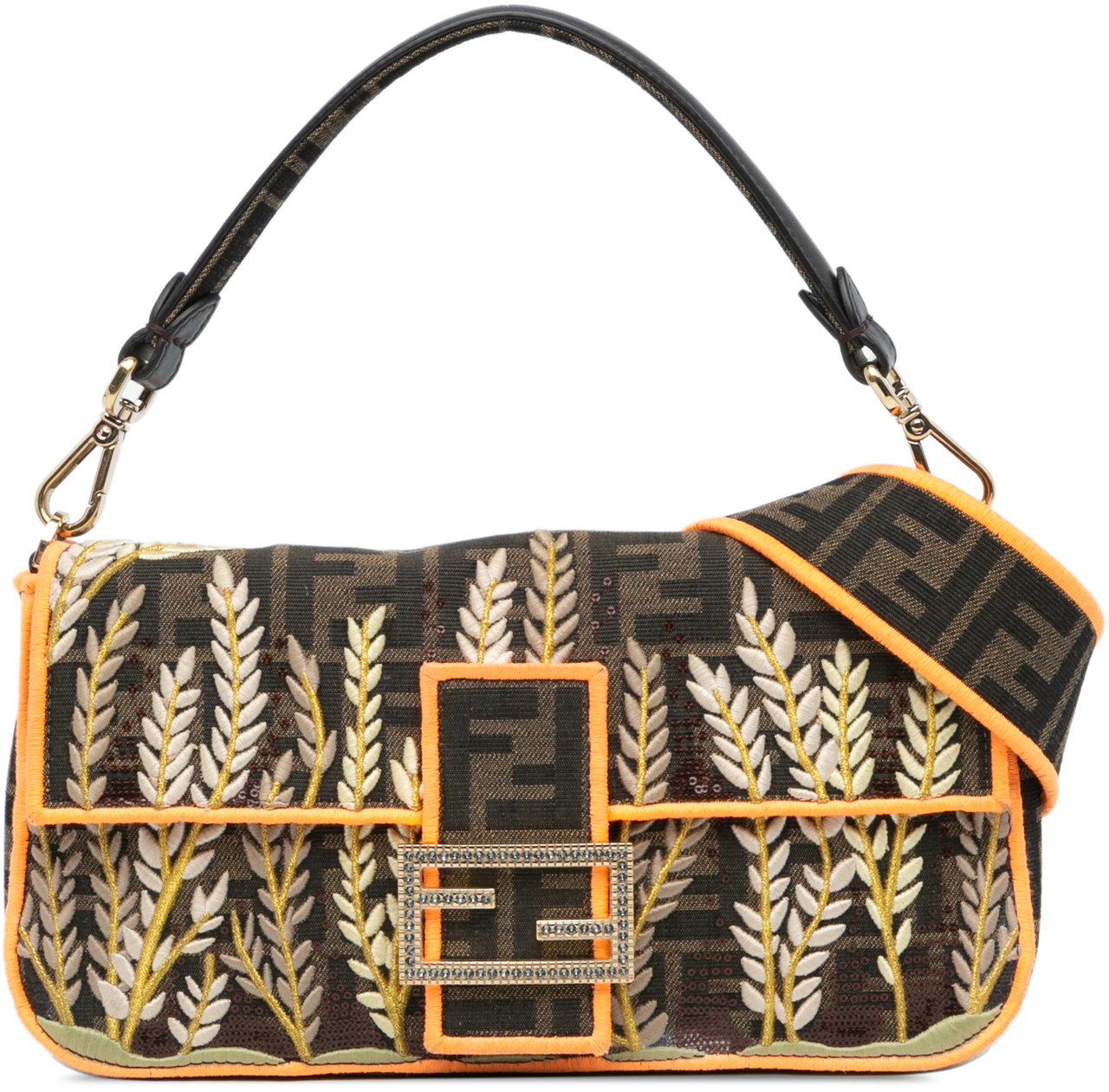 Fendi Zucca Embroidered Canvas Baguette Satchel Bruin