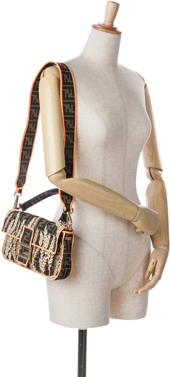 Fendi Zucca Embroidered Canvas Baguette Satchel Bruin