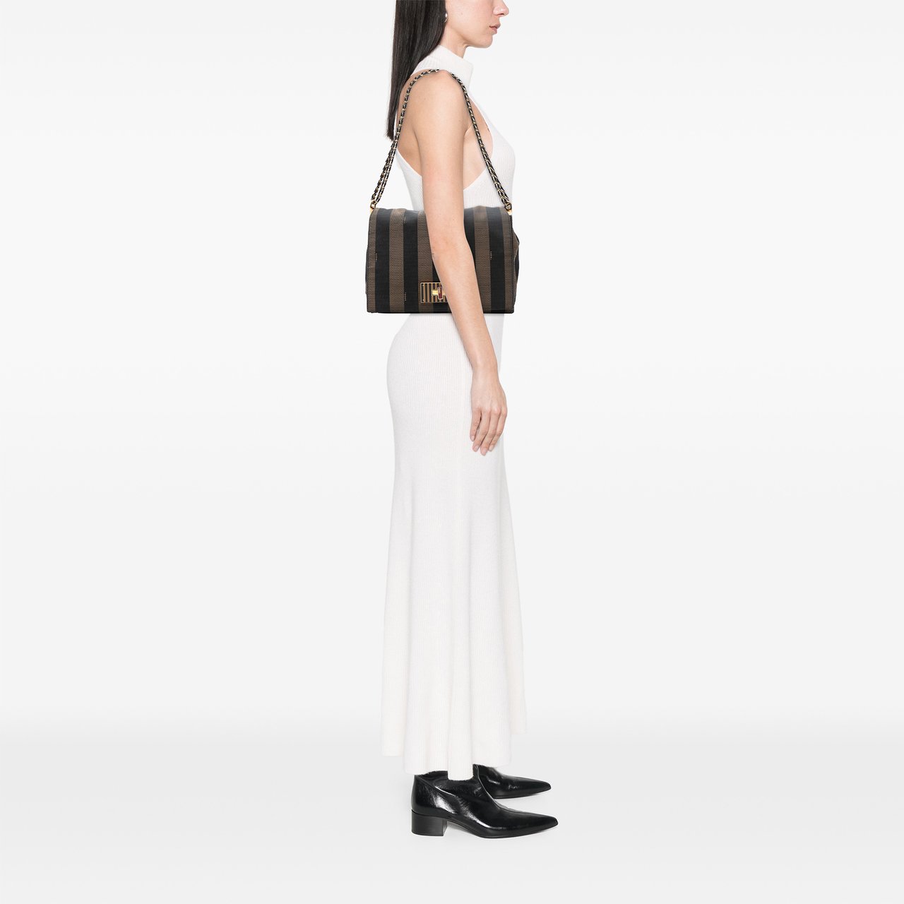 Fendi Large Canvas Pequin Claudia Shoulder Bag Bruin