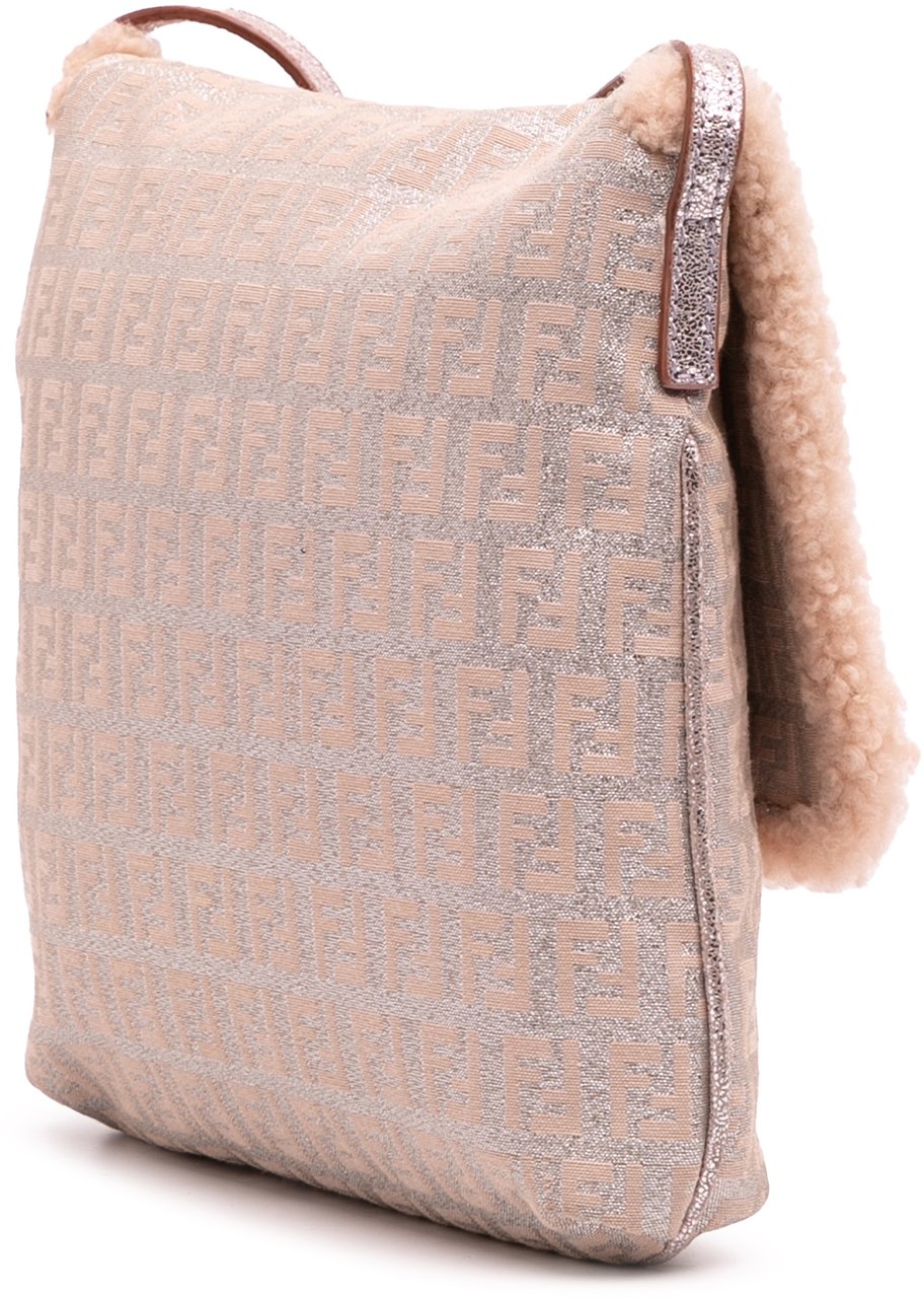 Fendi Zucchino Metallic Canvas and Shearling Crossbody Roze