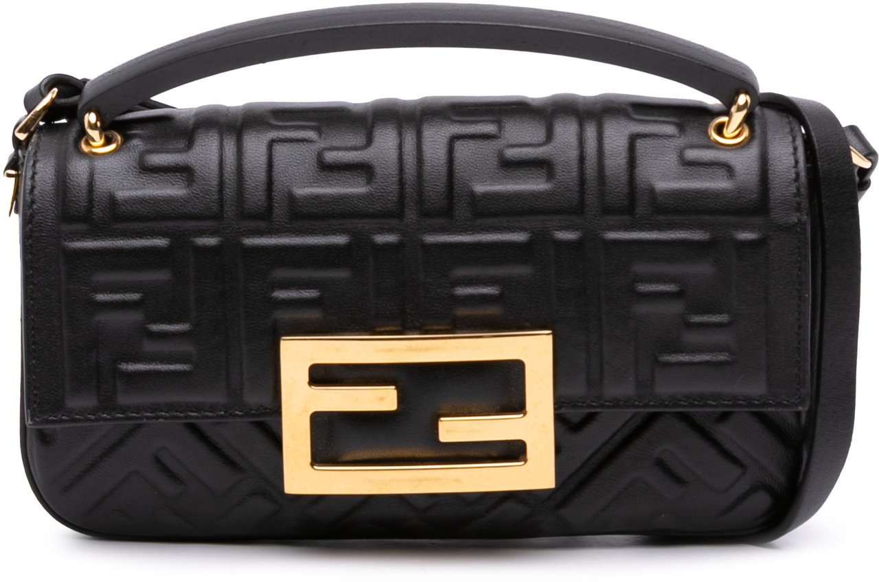 Fendi Zucca Embossed Leather Baguette Phone Pouch Satchel Zwart