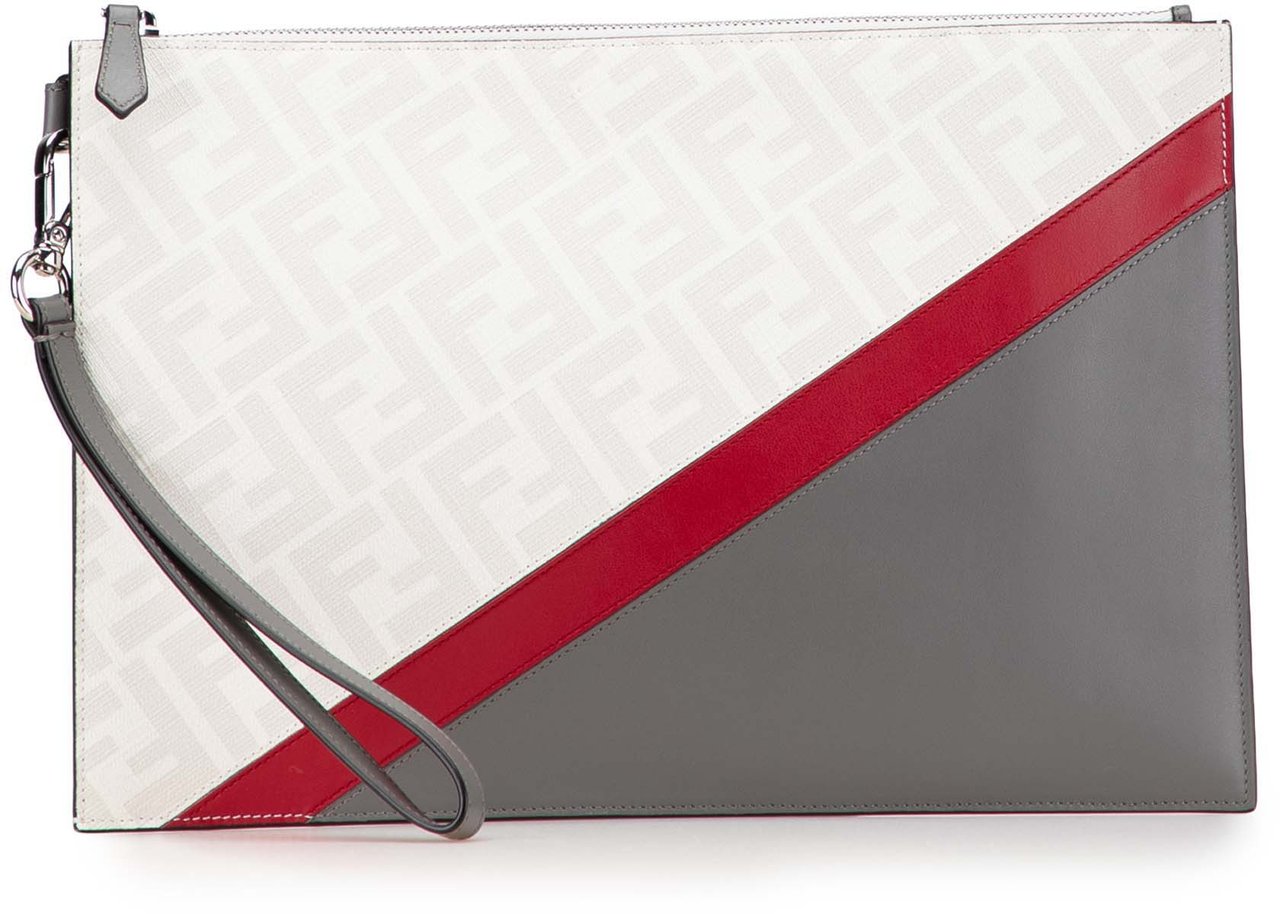 Fendi Zucca Coated Canvas FF 1974 Diagonal Vitello Liberty Clutch Wit