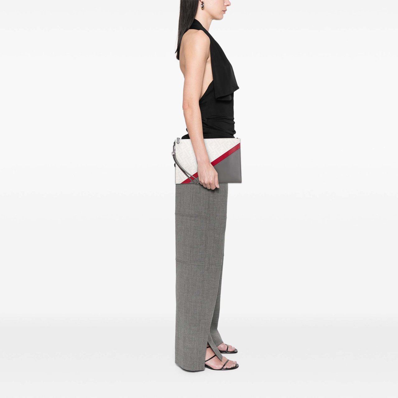 Fendi Zucca Coated Canvas FF 1974 Diagonal Vitello Liberty Clutch Wit