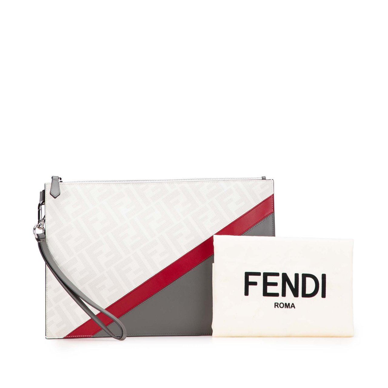 Fendi Zucca Coated Canvas FF 1974 Diagonal Vitello Liberty Clutch Wit