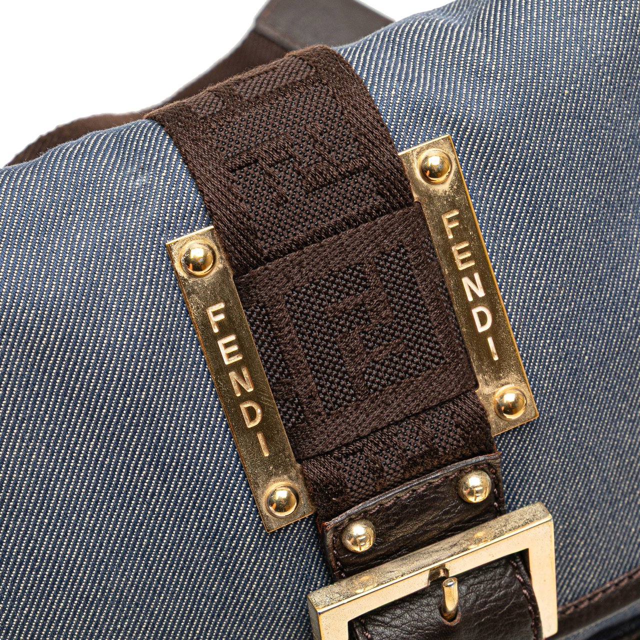 Fendi Zucca Trimmed Denim Buckle Flap Bag Blauw