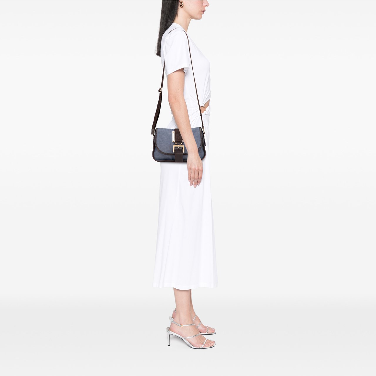 Fendi Zucca Trimmed Denim Buckle Flap Bag Blauw