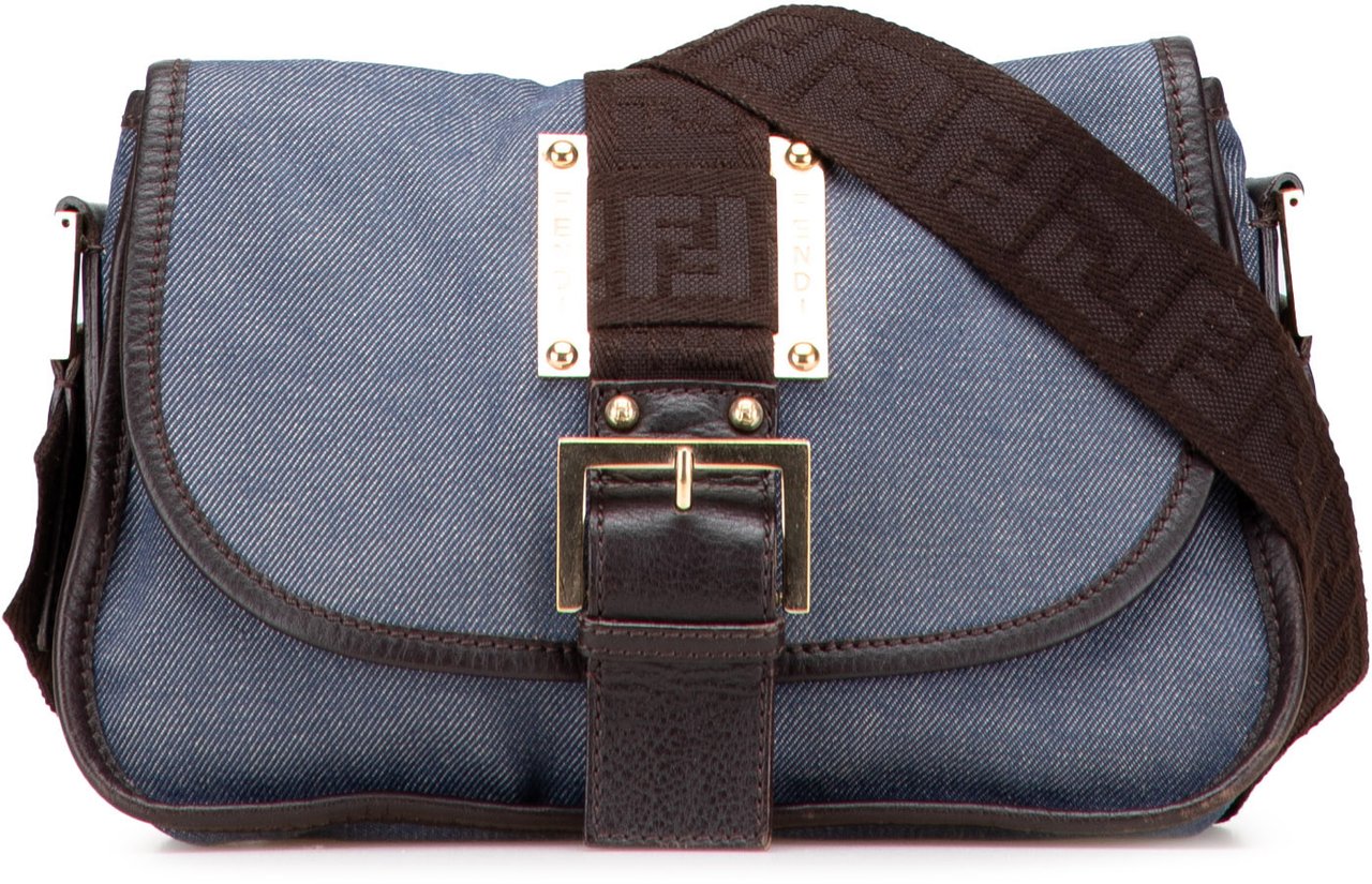 Fendi Zucca Trimmed Denim Buckle Flap Bag Blauw