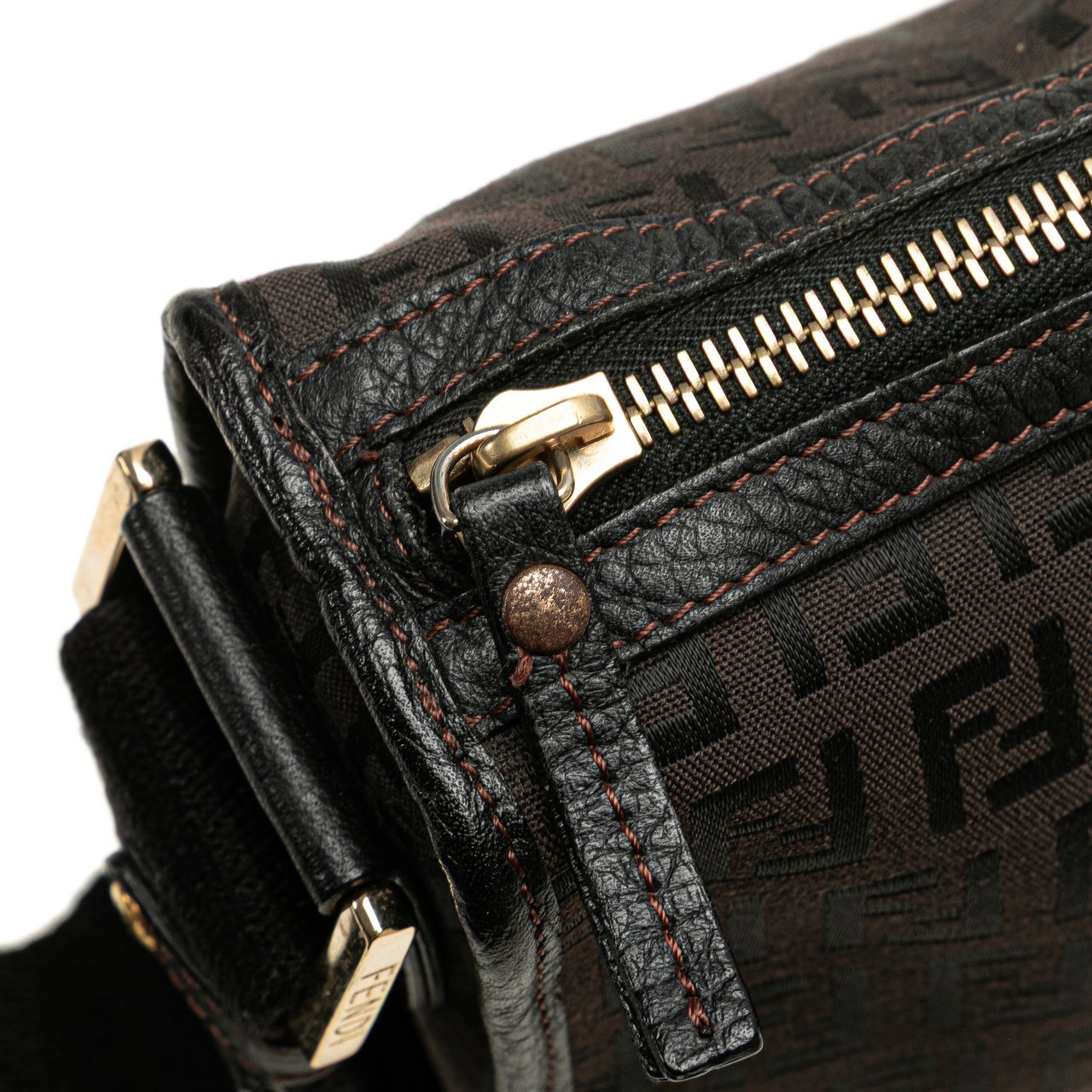 Fendi Small Zucchino Canvas F Charm Crossbody Bruin