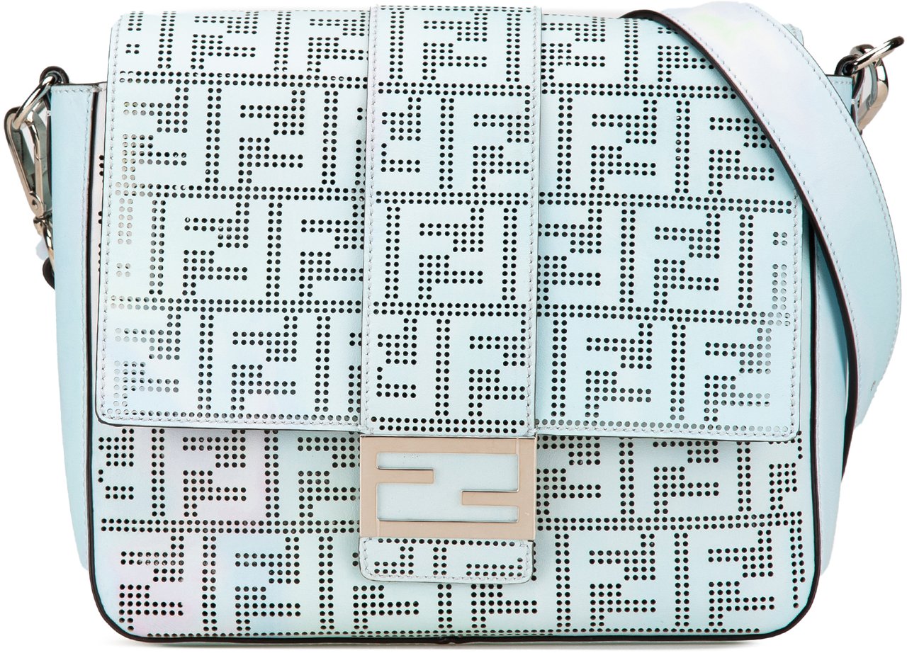 Fendi Medium Zucca Perforated Leather Baguette Messenger Bag Blauw