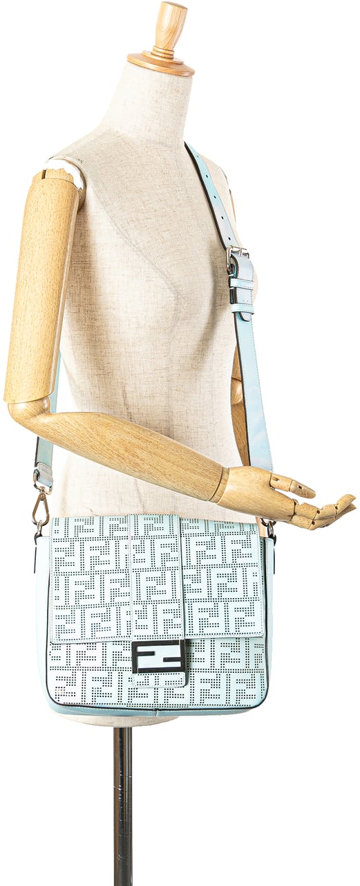 Fendi Medium Zucca Perforated Leather Baguette Messenger Bag Blauw