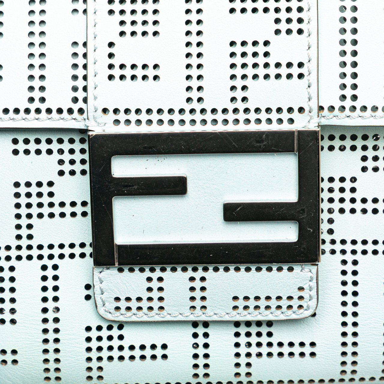 Fendi Medium Zucca Perforated Leather Baguette Messenger Bag Blauw