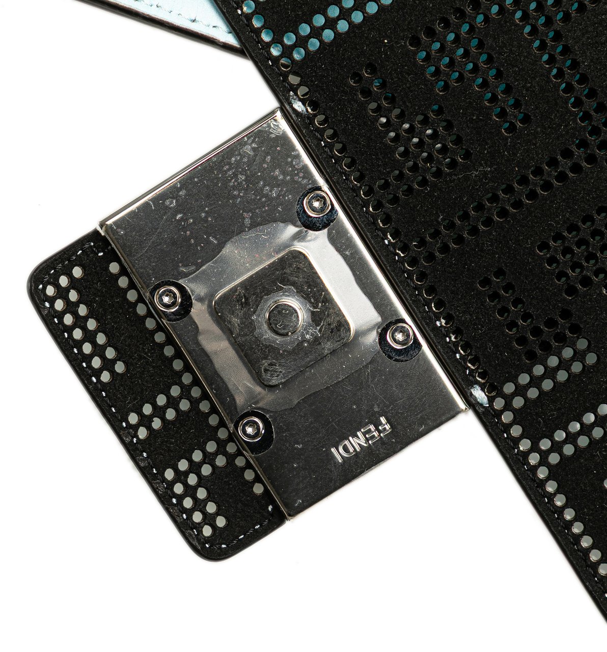 Fendi Medium Zucca Perforated Leather Baguette Messenger Bag Blauw