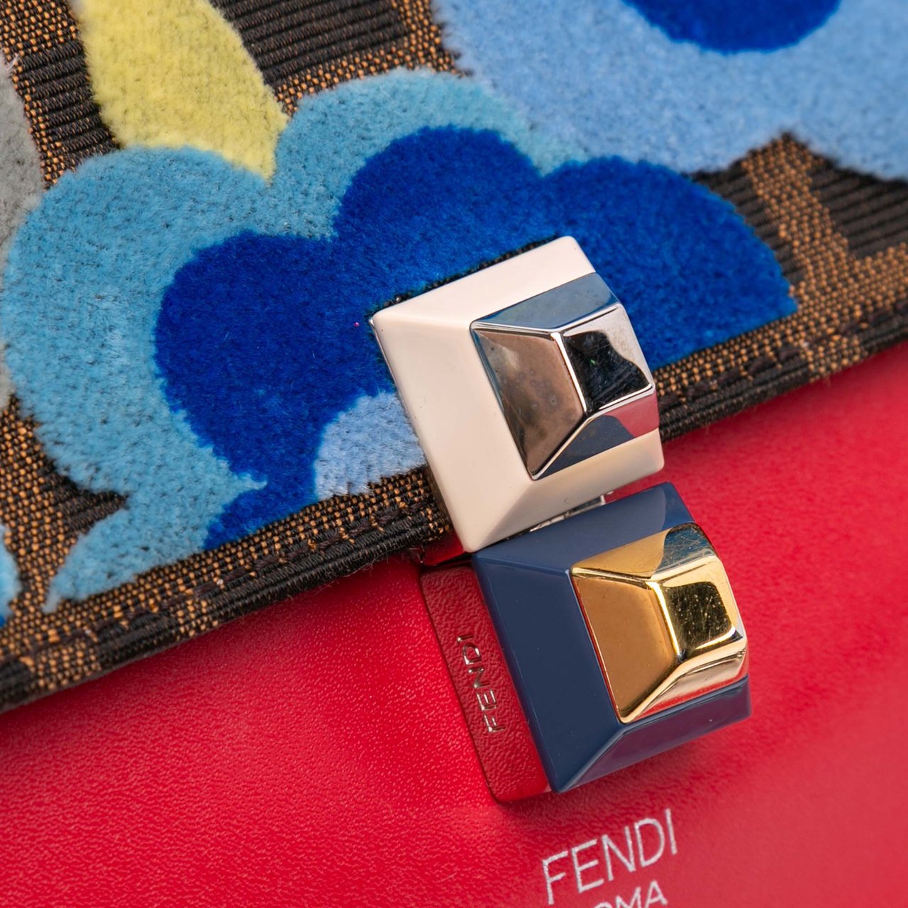Fendi Small Velvet Embroidered Zucca Canvas and Leather Kan I Crossbody Rood