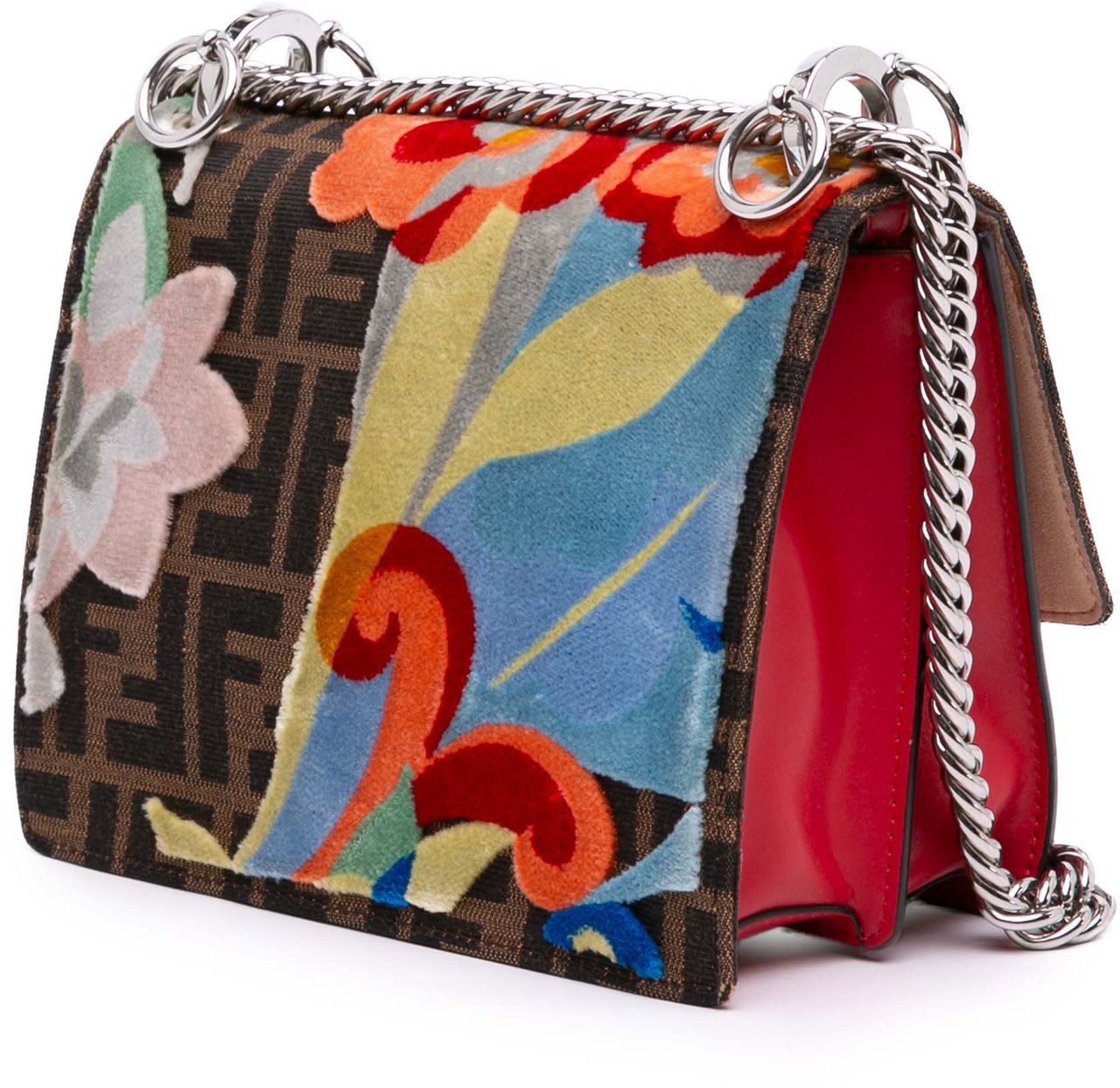 Fendi Small Velvet Embroidered Zucca Canvas and Leather Kan I Crossbody Rood