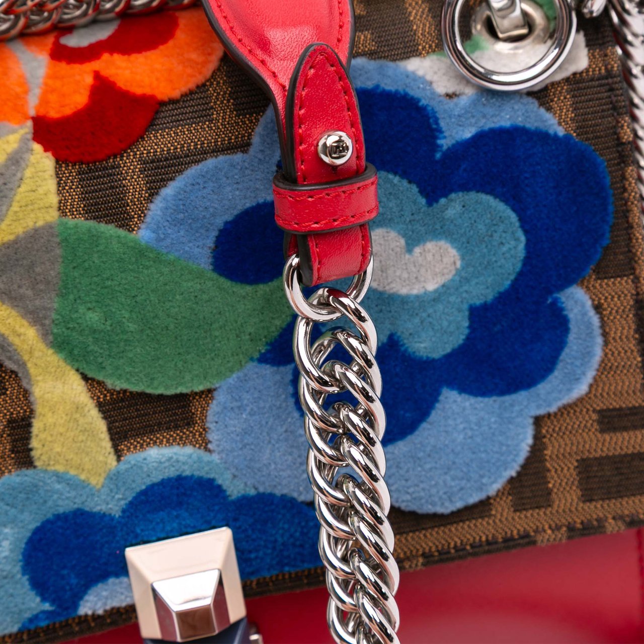 Fendi Small Velvet Embroidered Zucca Canvas and Leather Kan I Crossbody Rood