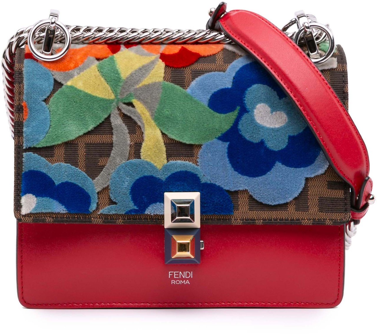 Fendi Small Velvet Embroidered Zucca Canvas and Leather Kan I Crossbody Rood